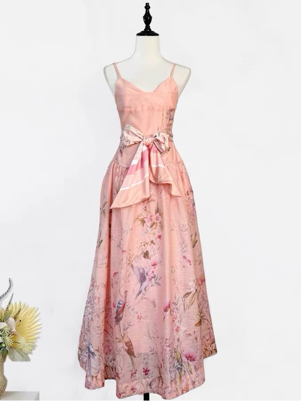 Designer-style Pink Floral Bow Midi Dress